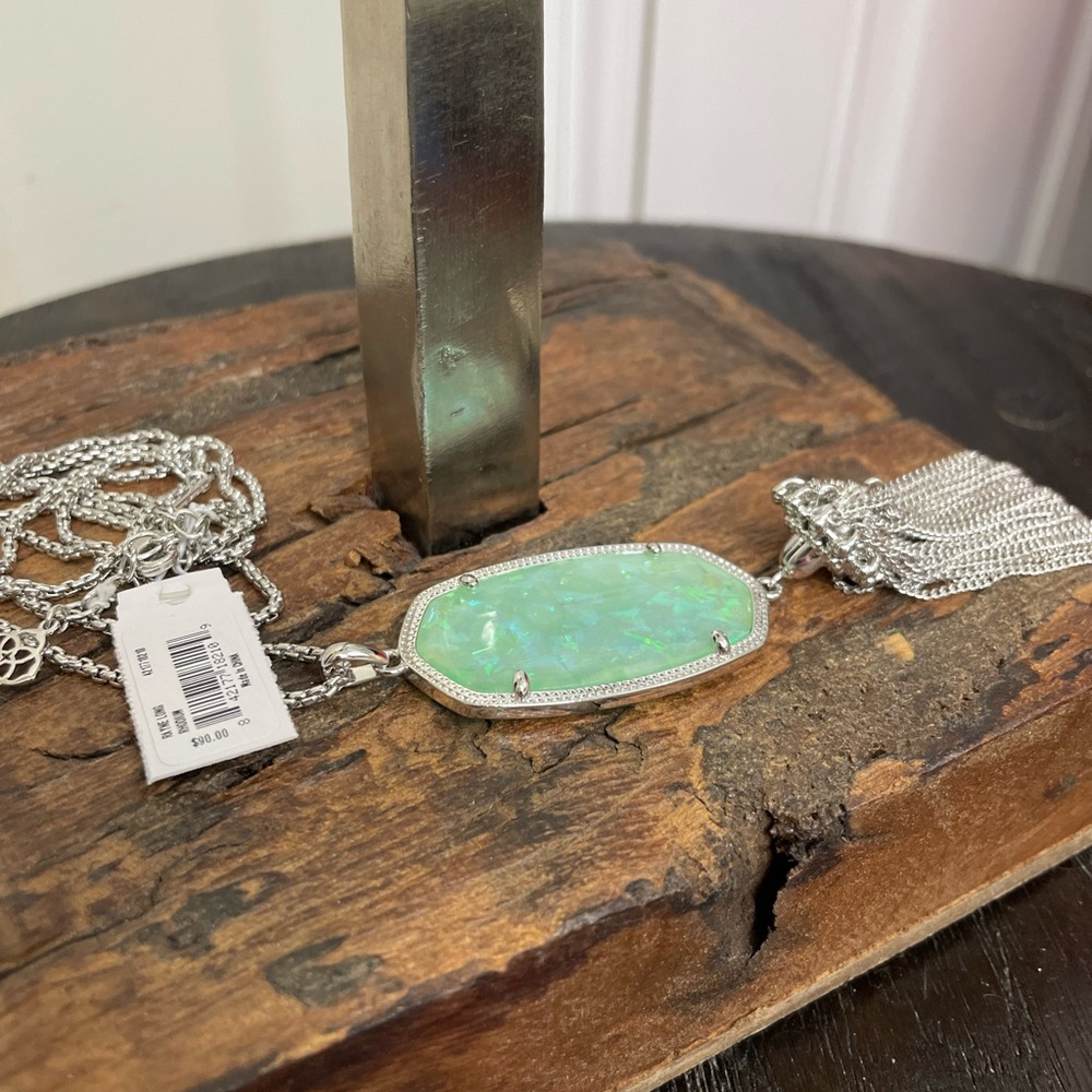 Kendra Scott Rayne Necklace Silver Iridescent Mint Illusion Tassel NWT - Picture 4 of 5